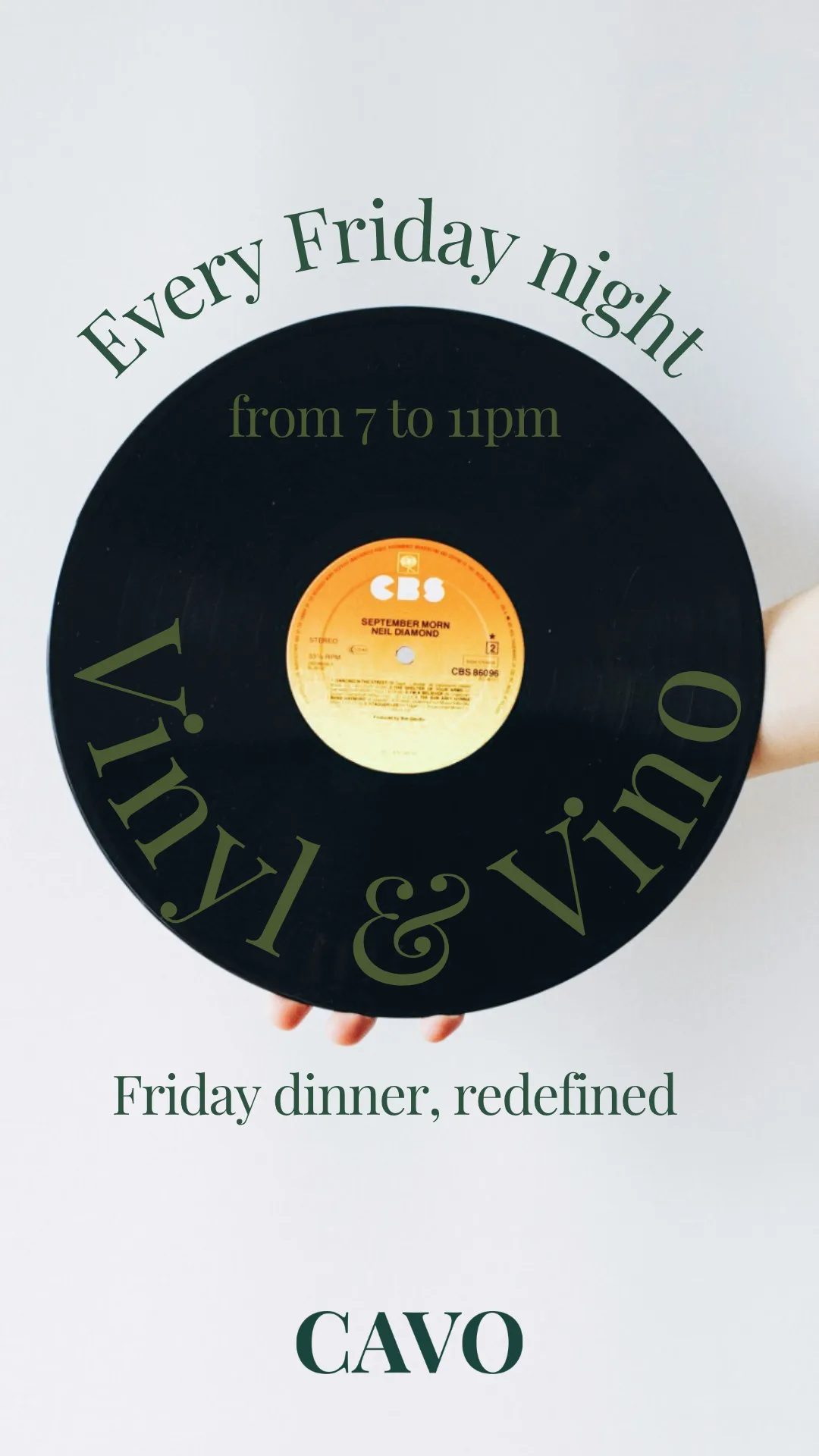 Vino and Vinyl Friday night event flyer at CAVO