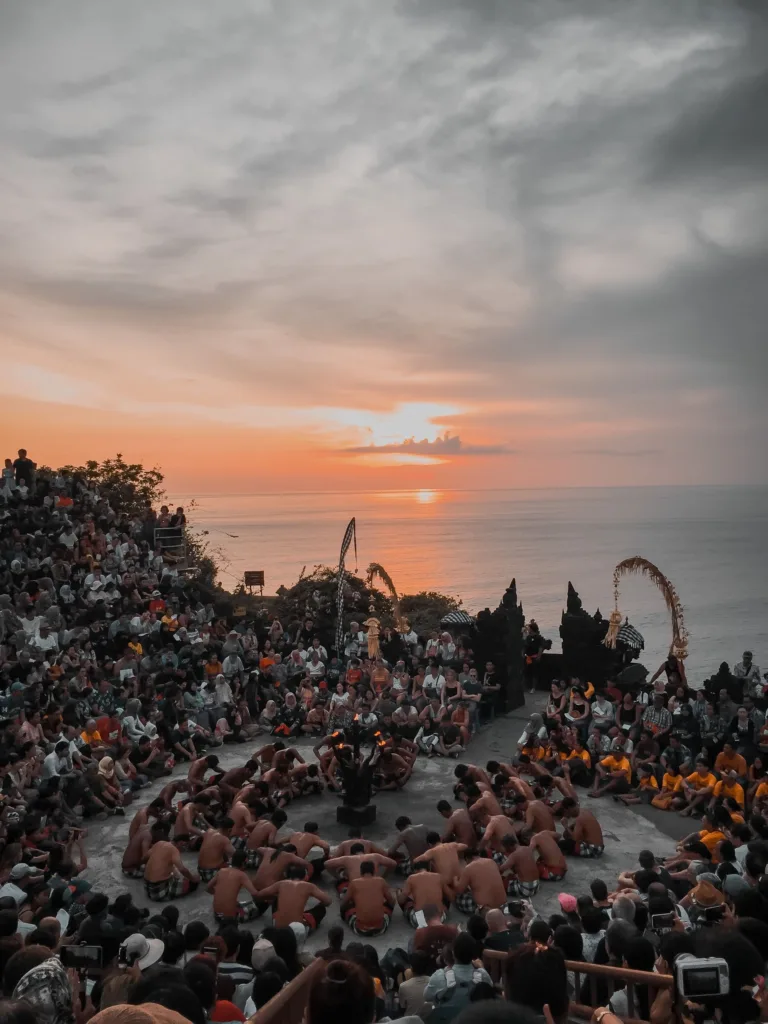 Kecak fire dance performed at sunset in the clifftop amphitheatre at Uluwatu Temple, Bali